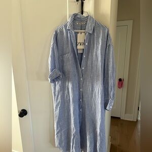 Zara Blue Striped Linen Shirt-Dress